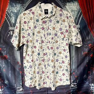 Stussy Button-Up Shirt Men's XL Beige Floral Print Short Sleeve Preppy Casual